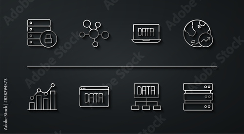 Set line Server security with padlock, Pie chart infographic, Financial growth, Data analysis, Mind map, and icon. Vector