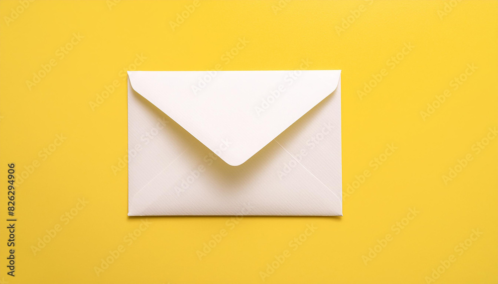 White envelope on yellow background. Paper mail, newsletter. Flat lay. Mock up. White envelope on yellow background. Paper mail, newsletter. Flat lay. Mock up.