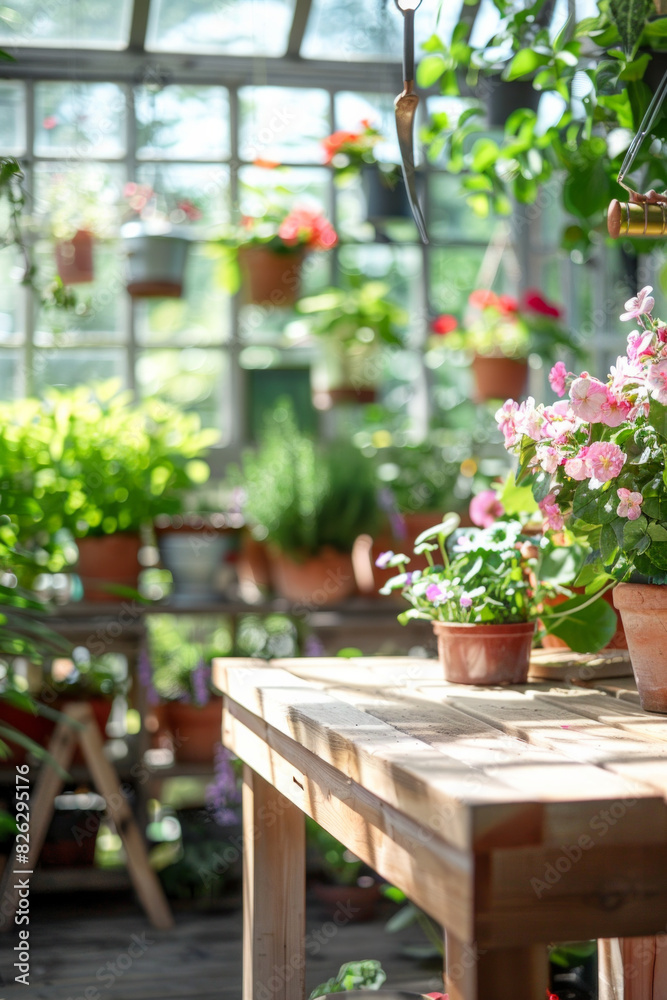 A wooden potting bench in the foreground with a blurred background of a botanical greenhouse. The background includes various potted plants, hanging flowers, gardening tools, and large glass windows