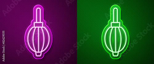 Glowing neon line Dust blower icon isolated on purple and green background. Air duster. Lens cleaner. Camera sensor cleaning. Vector