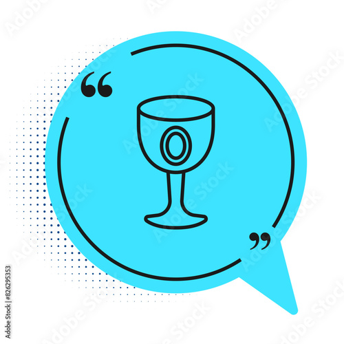 Black line Medieval goblet icon isolated on white background. Holy grail. Blue speech bubble symbol. Vector