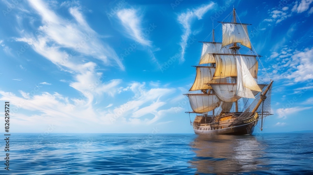 Obraz premium Sailing ship in sea water.