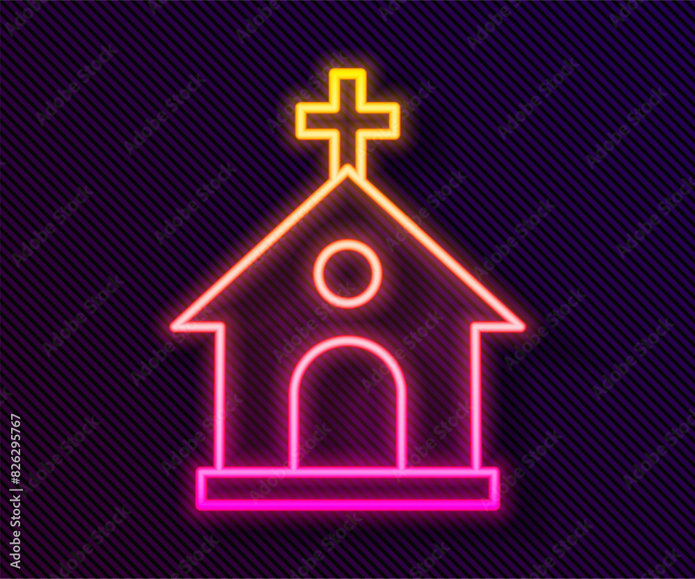 Obraz premium Glowing neon line Church building icon isolated on black background. Christian Church. Religion of church. Vector