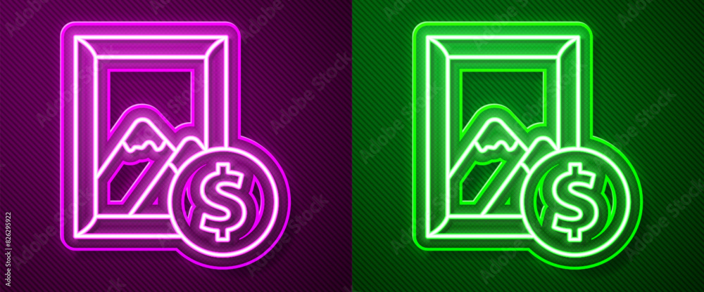 Glowing neon line Auction painting icon isolated on purple and green background. Auction bidding. Sale and buyers. Vector