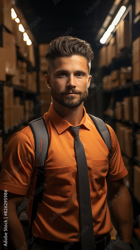 Fototapeta premium Confident businessman in orange shirt and tie stands in a warehouse.