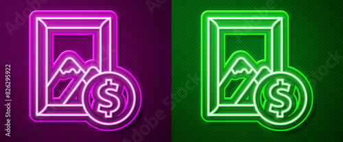 Glowing neon line Auction painting icon isolated on purple and green background. Auction bidding. Sale and buyers. Vector
