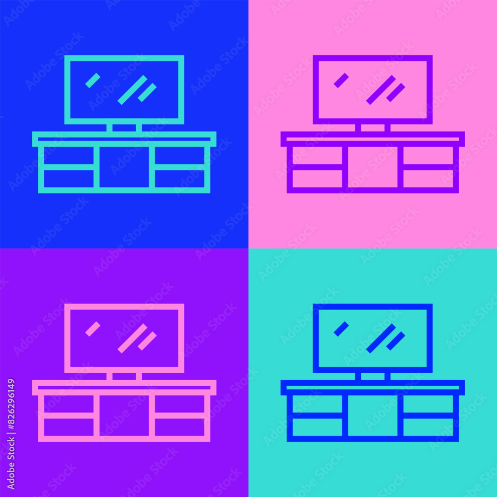 Pop art line TV table stand icon isolated on color background. Vector Pop art line TV table stand icon isolated on color background. Vector