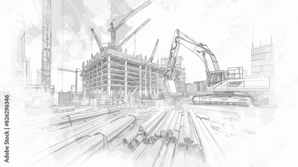 Construction Site Plans with Pencils and Sketches on White Background