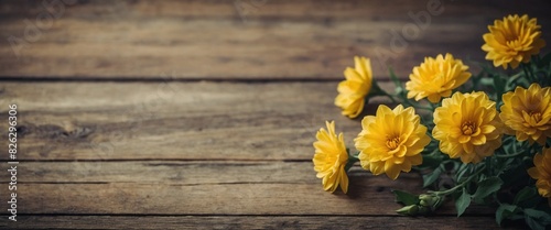 Yellow flowers on vintage wooden background border