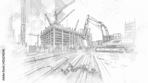 Construction Site Plans with Pencils and Sketches on White Background