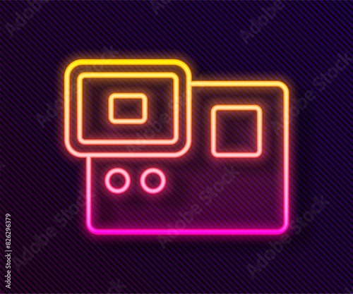 Glowing neon line Action extreme camera icon isolated on black background. Video camera equipment for filming extreme sports. Vector