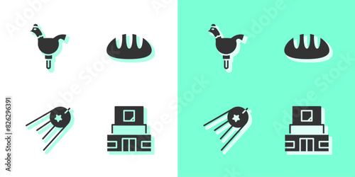 Set Mausoleum of Lenin, Cockerel lollipop, Satellite and Bread loaf icon. Vector photo