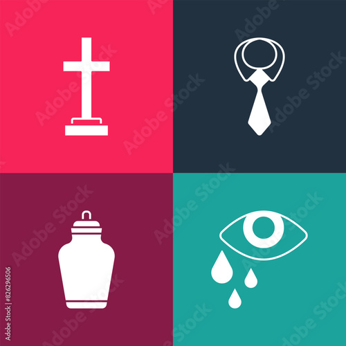 Set pop art Tear cry eye, Funeral urn, Tie and Grave with cross icon. Vector