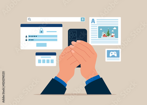 Businessman with smartphone use secure login and password protection on website or social media account. Secure login and sign up concept illustration. Vector in a flat style. 