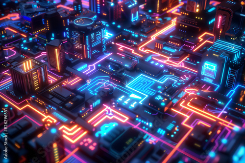 Cityscape with neon-lit buildings and pathways growing from an intricate circuit board.