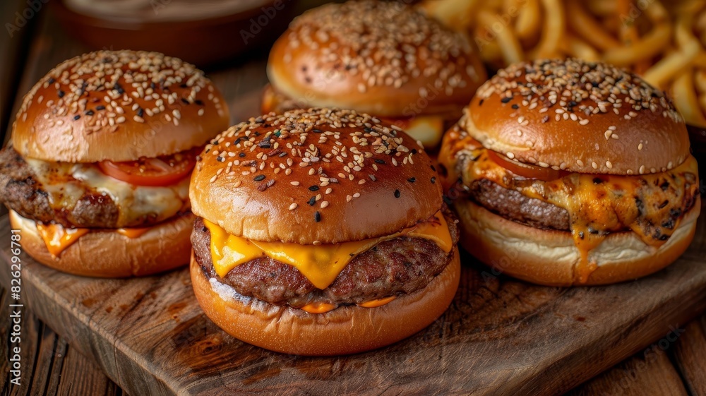 Wooden Cutting Board With Hamburgers and Fries Wooden Cutting Board With Hamburgers and Fries