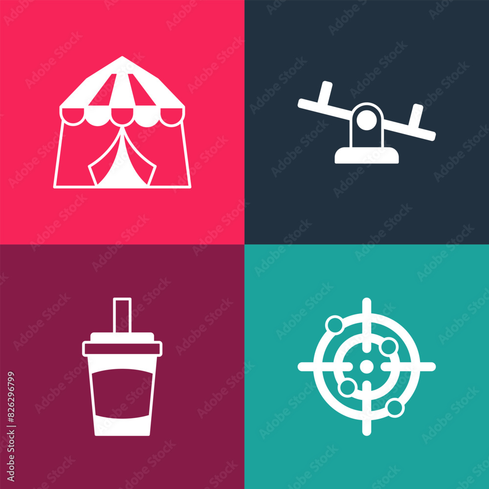Set pop art Target sport, Paper glass with water, Seesaw and Circus tent icon. Vector Set pop art Target sport, Paper glass with water, Seesaw and Circus tent icon. Vector
