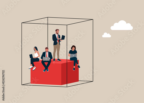 Business team or office people, working with laptop computers, sitting inside the box, presenting to introvert people. Flat vector illustration.