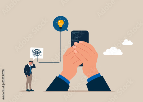 Confused man with messy thinking with other giving lightbulb solution. Problem solving skill to think of solution. Flat vector illustration