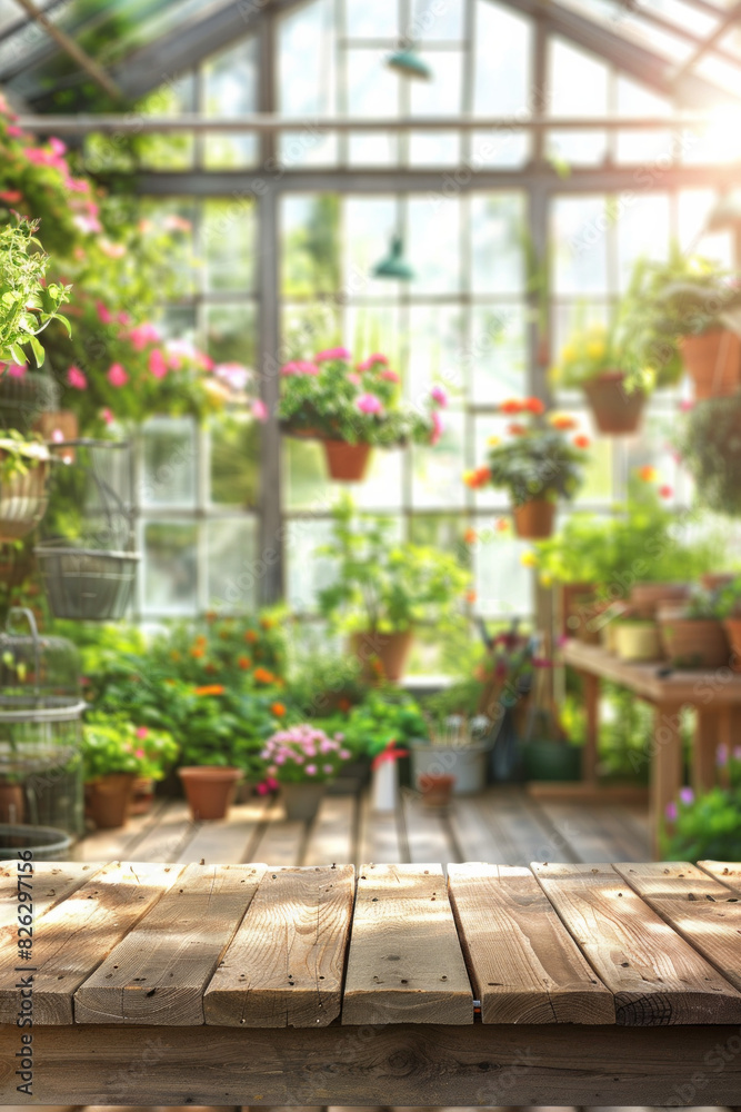 A wooden potting bench in the foreground with a blurred background of a botanical greenhouse. The background includes various potted plants, hanging flowers, gardening tools, and large glass windows A wooden potting bench in the foreground with a blurred background of a botanical greenhouse. The background includes various potted plants, hanging flowers, gardening tools, and large glass windows