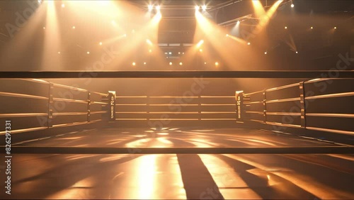 Dramatic boxing ring under spotlight in an empty arena at night. Concept Boxing, Dramatic Lighting, Ring, Arena, Night Time photo