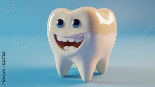 A cartoon tooth with a smiling expression against a flat blue background