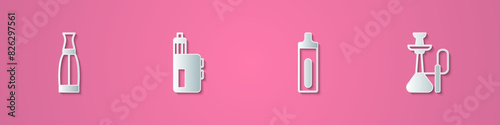 Set paper cut Vape liquid bottle, mod device, Electronic cigarette and Hookah icon. Paper art style. Vector