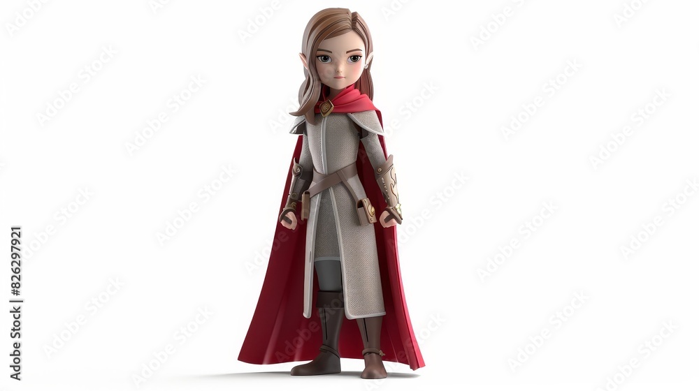 Cartoon woman standing with red cape on white background, rendered in 3D. Generative AI.