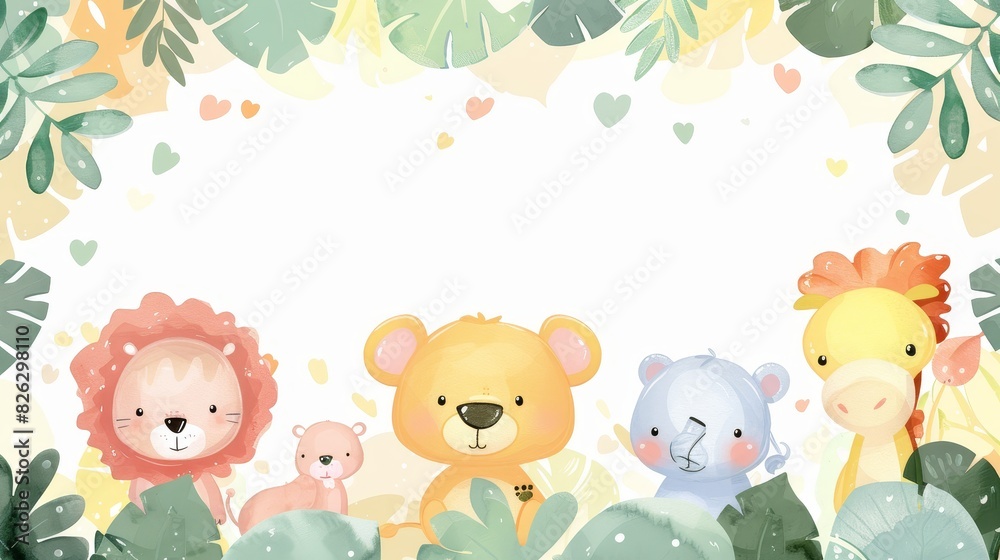 Simple watercolor sketch of cute cartoon baby animals, printed on a white background, decoration inspiration for nursery, duotone using pastel colors