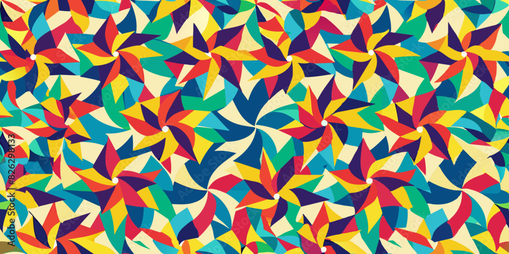 A vibrant, colorful pattern featuring overlapping pinwheel shapes in various hues, including blue, green, pink, orange, and yellow, set against a light beige background A vibrant, colorful pattern featuring overlapping pinwheel shapes in various hues, including blue, green, pink, orange, and yellow, set against a light beige background