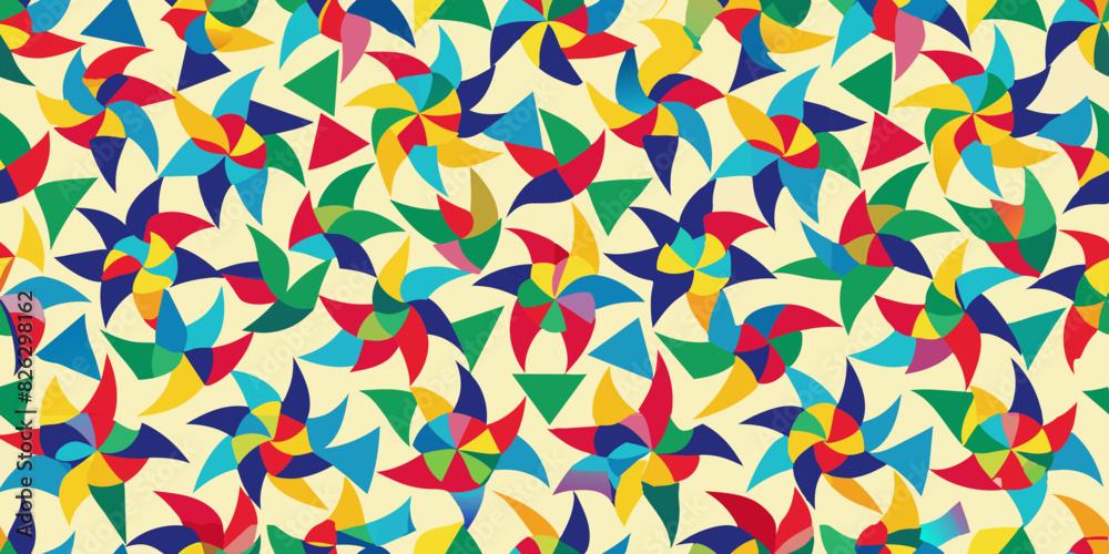 A vibrant, colorful pattern featuring overlapping pinwheel shapes in various hues, including blue, green, pink, orange, and yellow, set against a light beige background A vibrant, colorful pattern featuring overlapping pinwheel shapes in various hues, including blue, green, pink, orange, and yellow, set against a light beige background