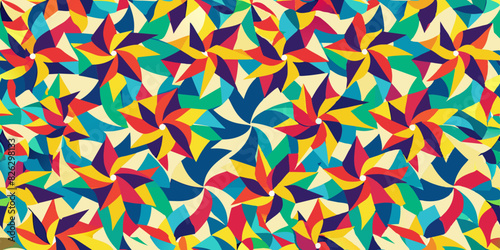 A vibrant, colorful pattern featuring overlapping pinwheel shapes in various hues, including blue, green, pink, orange, and yellow, set against a light beige background