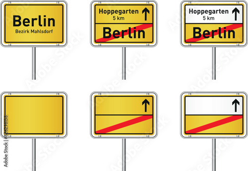 Deutsches Ortseingangsschild und Ortsausgangsschild als Vektoren-Set, Beispiel Berlin und leere Vorlage mit editierbaren Textflächen