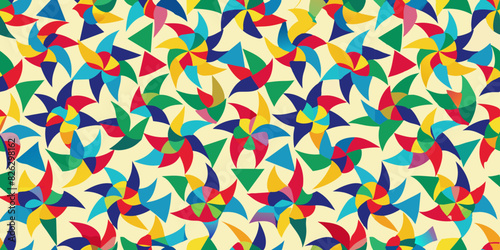 A vibrant, colorful pattern featuring overlapping pinwheel shapes in various hues, including blue, green, pink, orange, and yellow, set against a light beige background