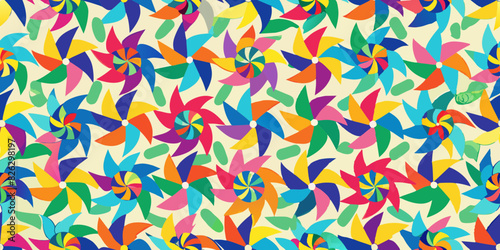A vibrant, colorful pattern featuring overlapping pinwheel shapes in various hues, including blue, green, pink, orange, and yellow, set against a light beige background