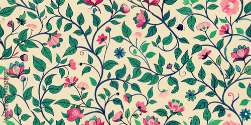 A seamless floral pattern featuring various types of flowers and green leaves on a light beige background. The flowers are rendered in shades of pink, red, and turquoise