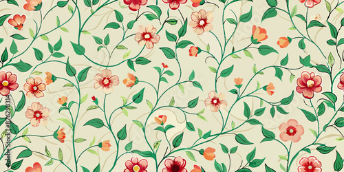 A seamless floral pattern featuring various types of flowers and green leaves on a light beige background. The flowers are rendered in shades of pink, red, and turquoise