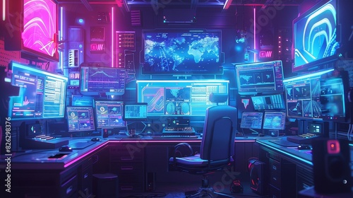 An illustration of a stylish hacker s workspace with multiple screens and a vivid neon blue backlight - A sleek  modern digital piece illustrating a hacker s workspace with multiple screens.