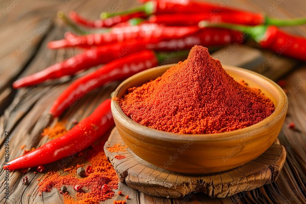 Red chili powder and chili peppers on wooden table Red chili powder and chili peppers on wooden table