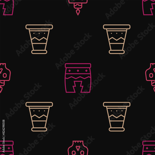 Set line Burning candle on a skull, Mexican drum and Huehuetl on seamless pattern. Vector photo