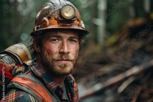 Bearded logger in wet, dirty plaid shirt, orange helmet, backlight by forest, gazing thoughtfully, conveys hard work’s toll, solemn respect for natural world. photo