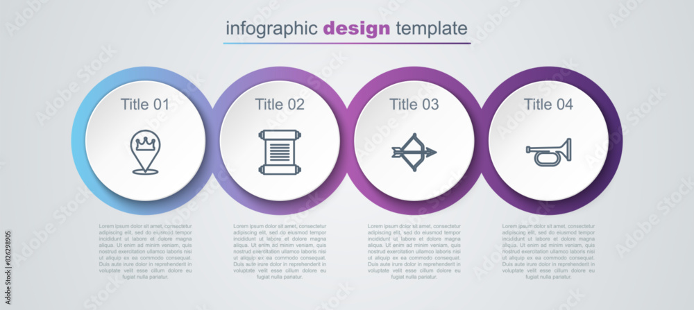 Set line Location king crown, Decree, parchment, scroll, Medieval bow and arrow and Trumpet. Business infographic template. Vector Set line Location king crown, Decree, parchment, scroll, Medieval bow and arrow and Trumpet. Business infographic template. Vector