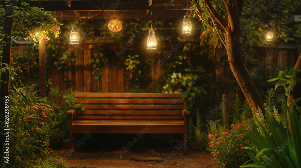 Night falls in a cozy garden with a wooden bench lit by warm lanterns, inviting contemplation or a quiet evening outdoors Night falls in a cozy garden with a wooden bench lit by warm lanterns, inviting contemplation or a quiet evening outdoors