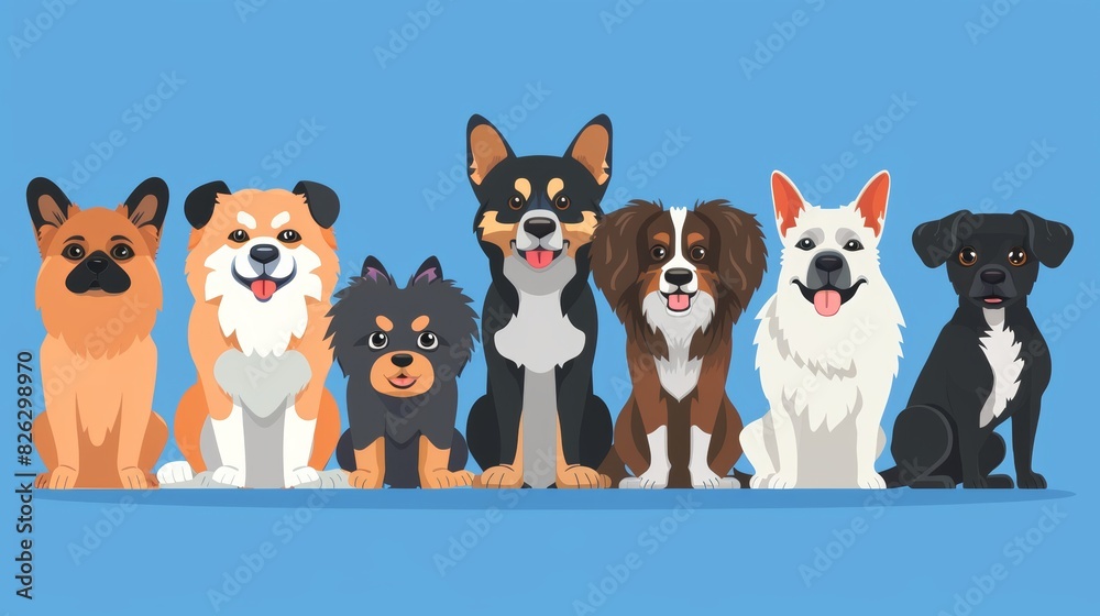A collection of cartoon dogs in flat style. There are Alaskan malamutes, corgis, samoyeds, border collies, doberman pinschers, and pugs. A collection of cartoon dogs in flat style. There are Alaskan malamutes, corgis, samoyeds, border collies, doberman pinschers, and pugs.