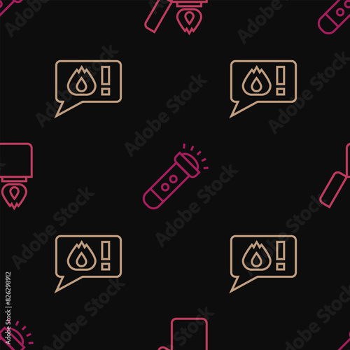 Set line Lighter, Telephone call 911 and Flashlight on seamless pattern. Vector