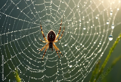 spider in cobwe with dew drops on it, on a sunny day photo