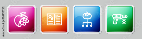 Set line Biological structure, Clinical record, Genetically modified food and Transfer liquid gun. Colorful square button. Vector