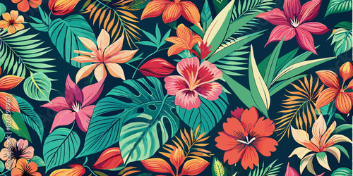 A vibrant tropical pattern featuring a variety of flowers and leaves. The design includes colorful flowers in shades of pink, red, orange, and cream