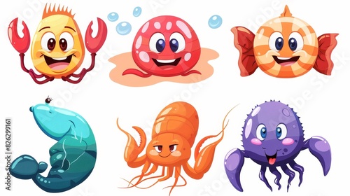 Modern illustration featuring cartoon faces of seafood. Isolated colorful clipart.