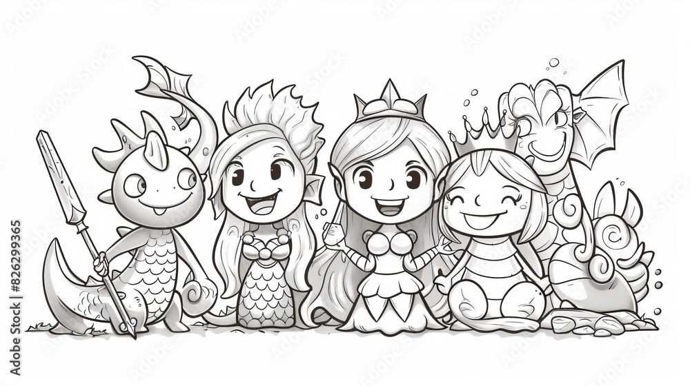 Illustration for children of the little mermaid. Children's fairy tale coloring page. Cartoon characters that are cute and funny. Illustration for children of the little mermaid. Children's fairy tale coloring page. Cartoon characters that are cute and funny.